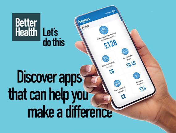 Hand holding a smartphone. Discover apps that can help you make a difference. Better Health, let's do this.can help you ma
