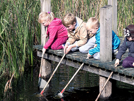 Four children on a small bridge fishing.