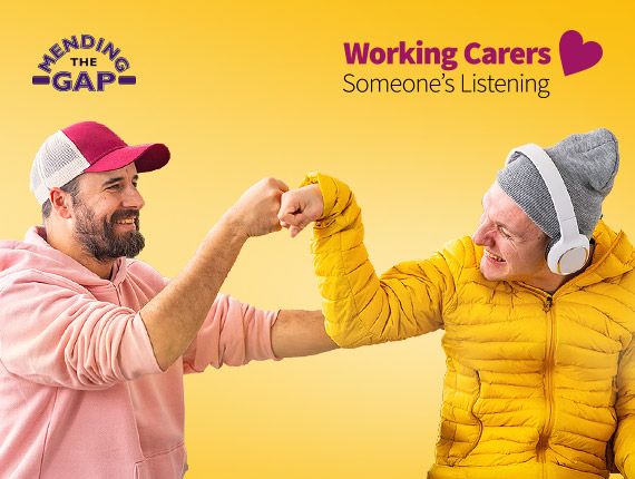 A man in a wheelchair with a disability, is fist pumping and smiling with a male carer. The words on the picture say 'working carers' someone's listening
